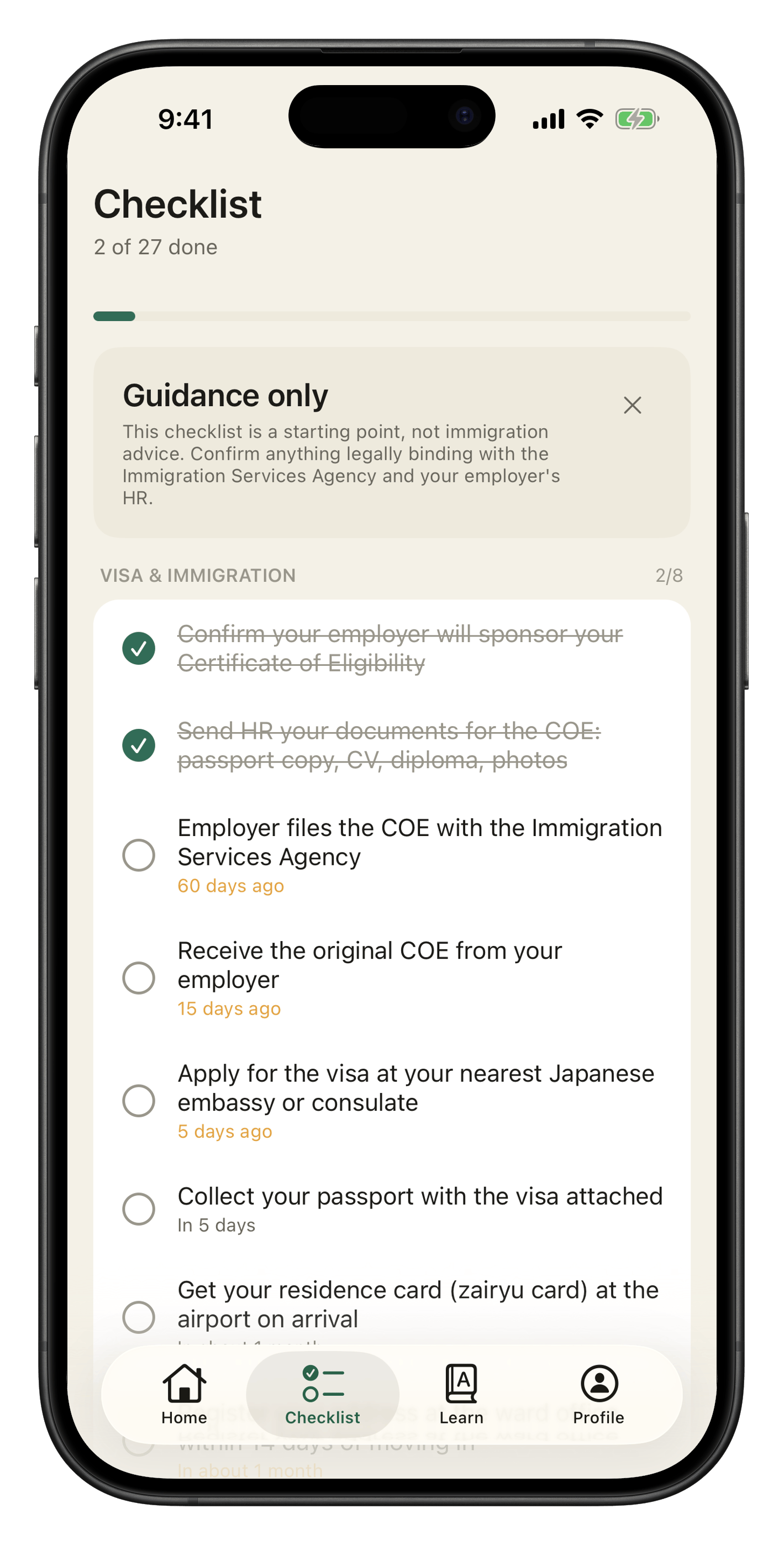 Ittekimasu checklist screen showing tasks dated against a move to Japan